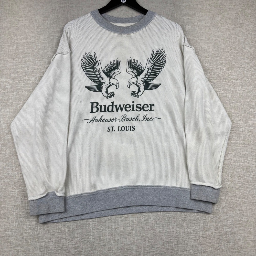PacSun Budweiser Eagle Graphic Waffle Knit Thermal Sweatshirt Mens Medium Gray